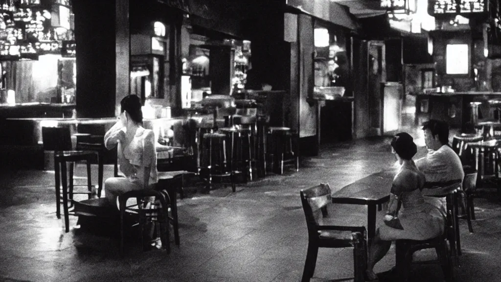 Prompt: Chun-Li sits alone in an empty bar, 35mm film, wide shot, dramatic lighting, chiaroscuro, by Michael Mann, Wong Kar-wai, Tsai Ming-liang