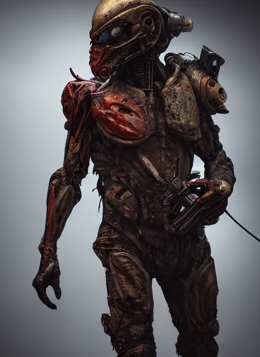 Image similar to a photorealistic dramatic hyperrealistic render of predator the alien hunter, ultra realistic details, well worn, rust, oil stains designed by vitaly bulgarov and mike nash, beautiful dramatic dark moody tones and lighting, cinematic atmosphere, studio lighting, global illumination, shadows, dark background, octane render, 8 k