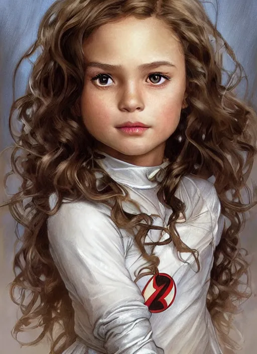 Image similar to a little girl with a mischievous face and light brown curly wavy hair. she is dressed as captain america, batman, the flash, captain marvel, wonder woman, a superhero. clean elegant painting, beautiful detailed face. by artgerm and greg rutkowski and alphonse mucha