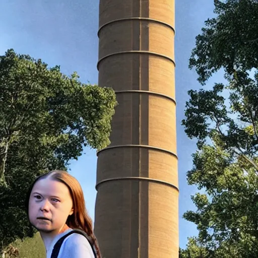 Prompt: photo of greta thunberg being chased by man with short brown curly hair at the top of a very tall tower