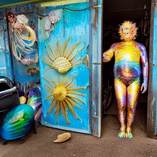 Prompt: a human standing in his garage, he is covered with iridescent bodypaint, shells and barnacles