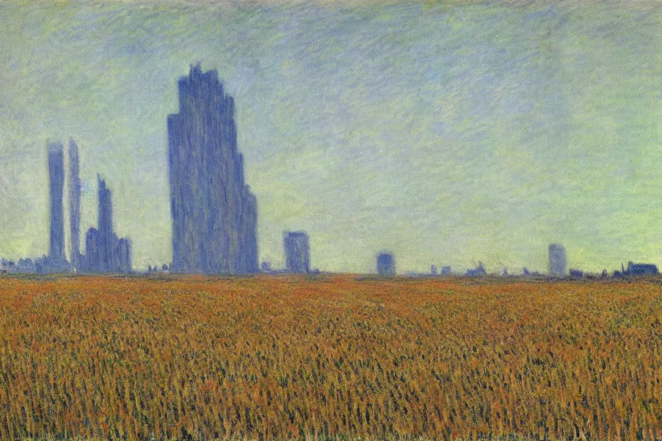 Prompt: sci-fi painting of many skyscraper on the small wheat fields, only one kid on the ground, by Monet, godrays, detailed
