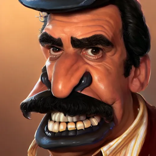 Image similar to beautifully rendered, masterpiece, caricature, claymation, luis guzman as waluigi, painted by tom lovell, wlop, artgerm, dishonored 2,