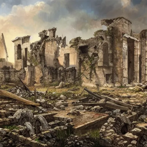 Image similar to High-Quality realist painting of the ruins of a medieval city after a war, ominous, very detailed, digital art.