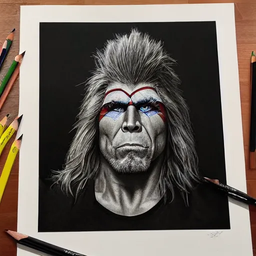 Image similar to amazing lifelike award winning pencil illustration of ultimate warrior trending on art station artgerm Greg rutkowski cinematic