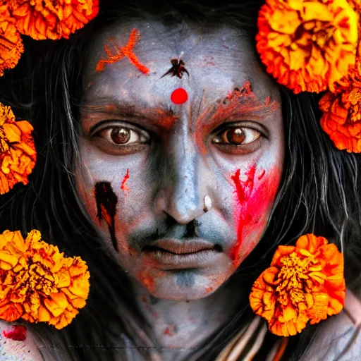 Image similar to 3 5 mm coloured film portrait of strange female aghori sadhu covered in ash creature, hyperrealism, celestial marigold red flowers vibe, photorealistic, detailed, atmospheric, 8 k, award winning photography, cinematic