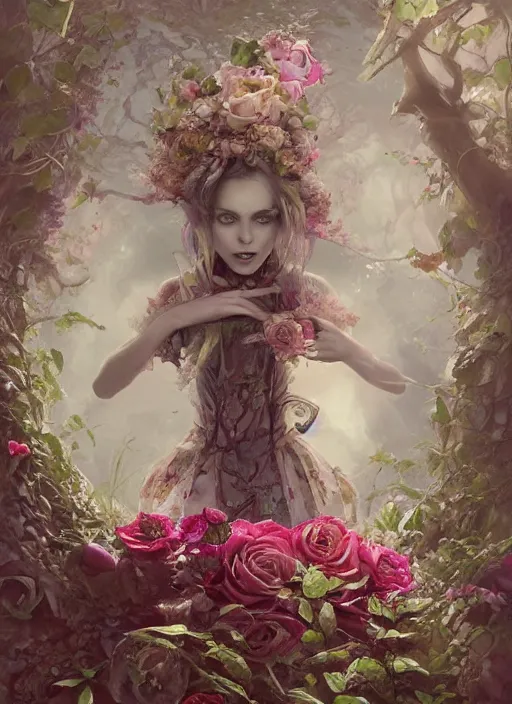 Image similar to Alice in Wonderland,roses,highly detailed,cinematic,8k,by Stanley Artgermm,Tom Bagshaw,Greg Rutkowski,Carne Griffiths, Ayami Kojima, Beksinski, Giger,trending on DeviantArt,hyper detailed,horror, full of colour