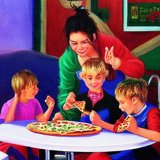 Prompt: a painting of chuck-e-cheese with kids eating pizza by monet