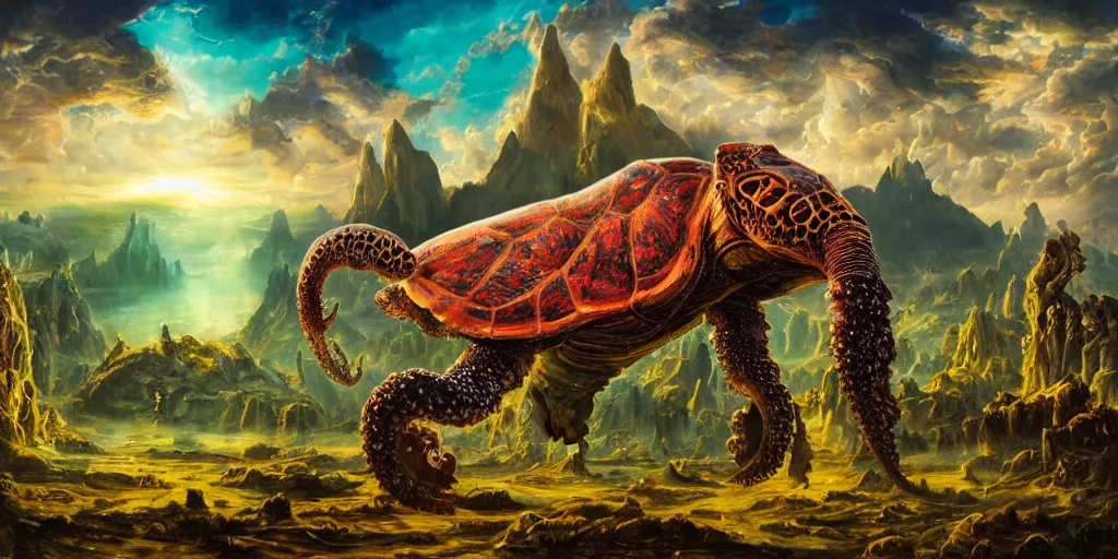 Image similar to fantasy oil painting, great leviathan, cybernetic turtle cephalopod terrapin reptilian pachyderm squid, bella hadid, hybrid, milla jovovich, anubis epic islamic city, natural light, lush plants flowers, spectacular mountains, bright clouds, luminous sky, outer worlds, golden hour, michael cheval, edward hopper, michael whelan, hd