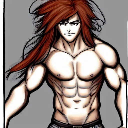 Image similar to well built man, rusty colored long hair, anime, high details,