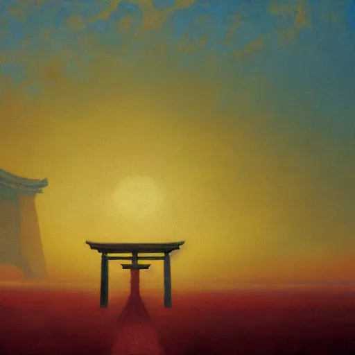 Image similar to A beautiful painting of A Torii over a plain,sunset,dim by Zdzisław Beksiński and Ilya Repin,In style of Post-Apocalyptic.digital art, illustration,hyper detailed,smooth, sharp focus,trending on artstation,oil on the canvas,4k