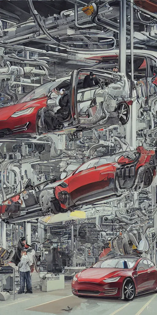 Image similar to oil painting scene from tesla factory by kim jung gi