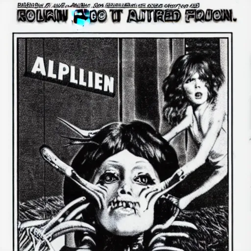 Image similar to 70s magazine scan of an horror movie with alien