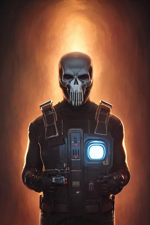 Image similar to elon musk as punisher, realistic portrait, skull on vest, highly detailed, digital painting, artstation, concept art, smooth, sharp focus, illustration, cinematic lighting, art by artgerm and greg rutkowski and alphonse mucha