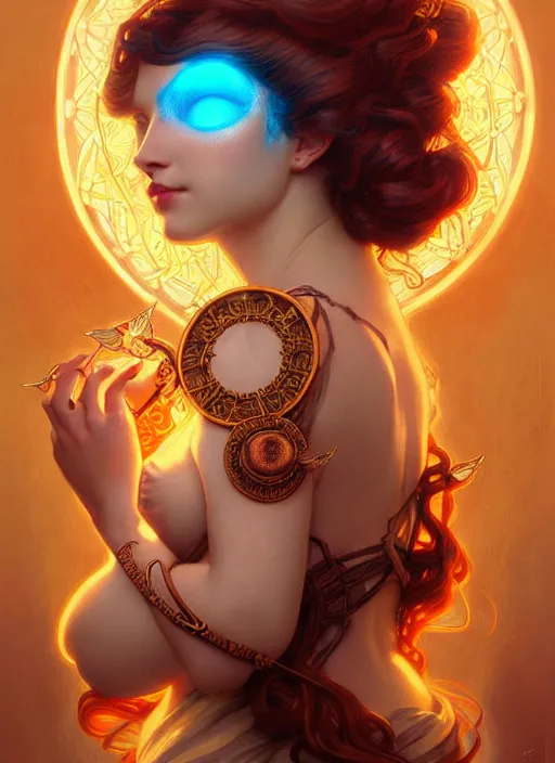 Image similar to the goddess hestia, hair on fire, steampunk, glowing eyes, beautiful eyes, volumetric lights, red and cyan theme, art nouveau botanicals, intricate, highly detailed, digital painting, artstation, concept art, smooth, sharp focus, cinematic, illustration, beautiful face, art by artgerm and greg rutkowski and alphonse mucha