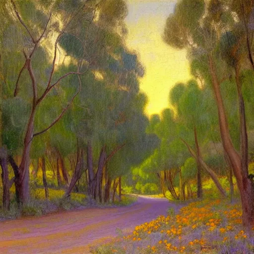 Image similar to a painting of a dirt road surrounded by eucalyptus trees and california golden poppies, violet woodland hill in the distance, violet sunset. an oil painting by Julian Onderdonk, green orange violet triadic color palette, featured on deviantart, australian tonalism, pre-raphaelite, impressionism, detailed painting