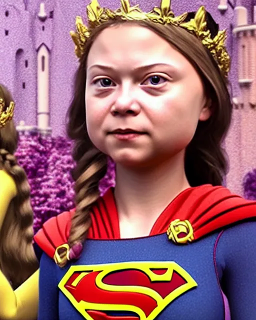 Prompt: highly detailed closeup, face profile portrait of greta thunberg as supergirl as a fairytale princess wearing a crown eating cakes in the castle, bikini, unreal engine, nicoletta ceccoli, mark ryden, earl norem, lostfish, global illumination, detailed and intricate environment