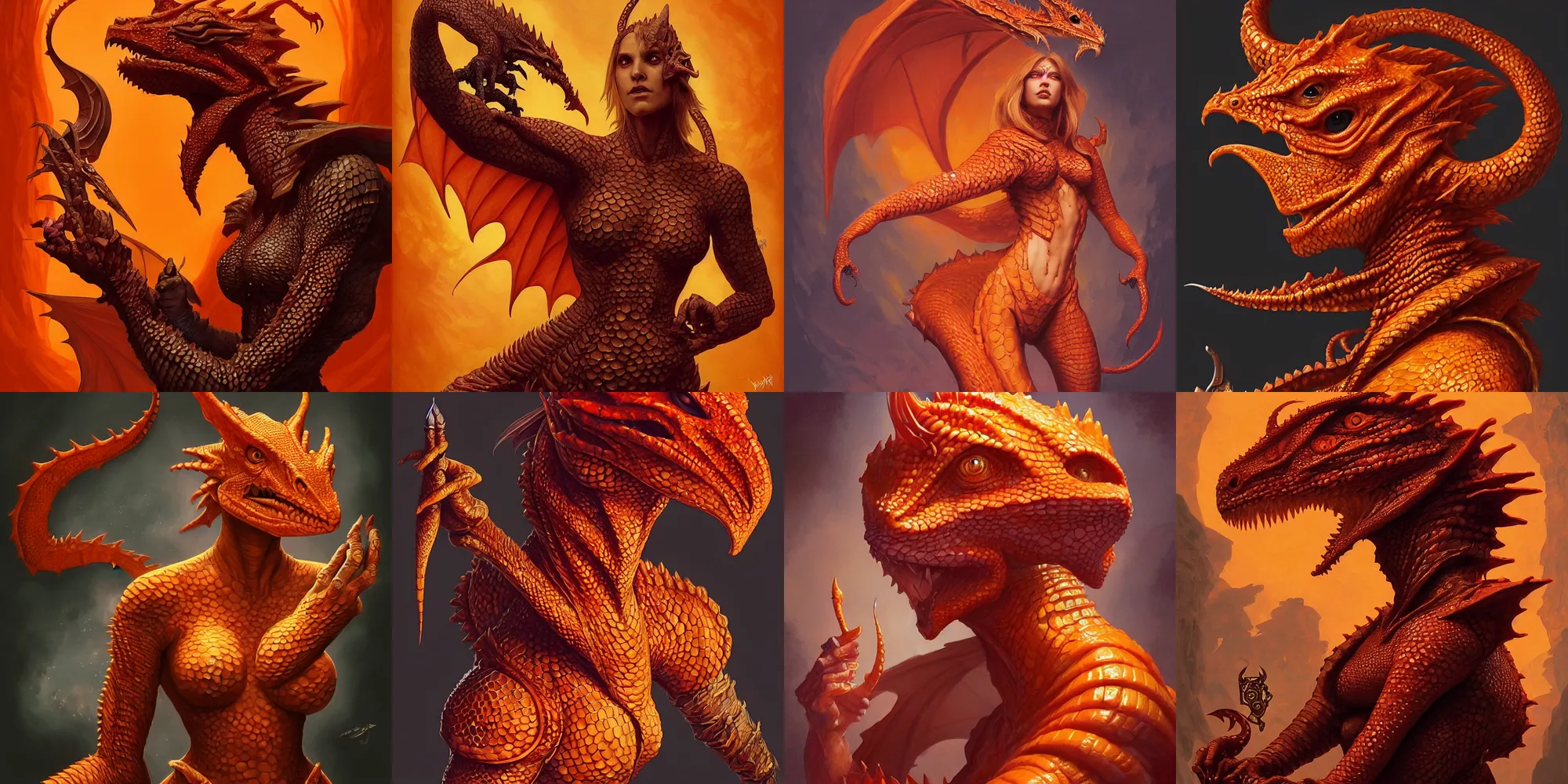 Prompt: “portrait of a scaly orange female dragonborn sorcerer casting a spell, D&D character, highly detailed, digital fantasy character painted portrait, artstation, concept art, sharp focus, illustration, art by artgerm and greg rutkowski and alphonse mucha and craig mullins and James Jean and Andrei Riabovitchev and Marc Simonetti and peter mohrbacher”