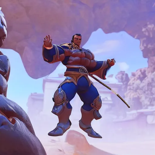 Image similar to a screenshot of arnold schwarzenegger as hanzo in overwatch