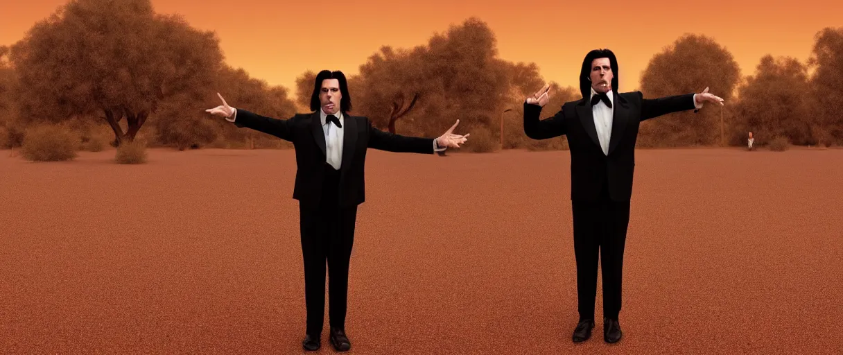 Image similar to accidentally wes anderson award - john travolta as vincent vega suprised gesture nobody there ghost town tumbleweed bushes on ground shrugging hand at waist level. standing in black suit high noon golden ratio, 4 k, detailed, art by greg rutkowsky, trending on artstation, cinematic lighting, filmic grain, golden hour, detailed, 4 k