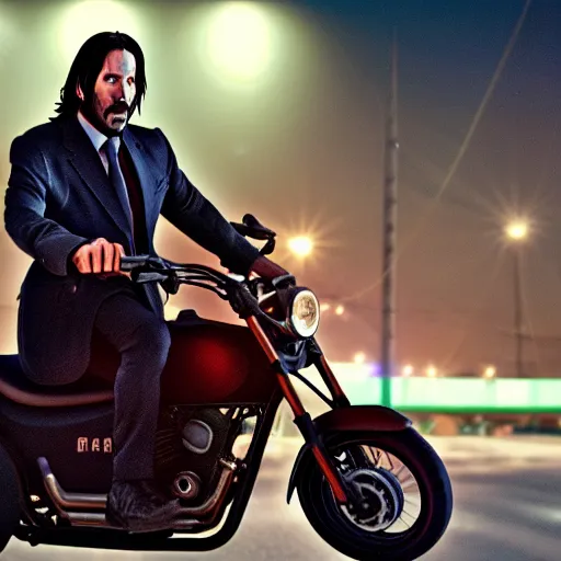 Image similar to chibi john wick riding a sports motorbike at night, movie still, 4 k