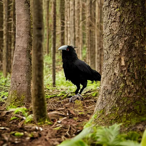 Image similar to anthropomorphic crow werecreature, photograph captured in a forest