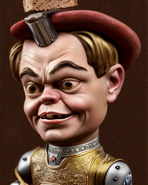 Image similar to highly detailed closeup, face profile portrait of a tin toy leonardo dicaprio as a medieval goblin eating cakes in a castle, hyper realistic, artstation, illustration, nicoletta ceccoli, mark ryden, lostfish, dan decarlo, bob clampett, max fleischer, digital paint, matte paint, vivid colors, detailed and intricate environment