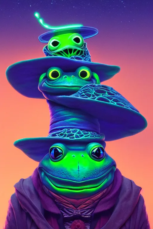 Prompt: Bioluminescent, portrait of frog wearing wizard hat, very intricate , trending on artstation , very elegant, in the golden hour by Dan Mumford and Moebius and Daniel Merriam, Trending on Artstation, oil on Canvas by Elena Zhurikhina and Goro Fujita and Charlie Bowater, octane render, 4k, 8k, HD