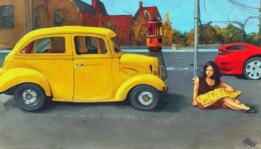 Image similar to a picture of a yellow-car parked next to a red-hydrant with a woman in a yellow-dress sitting on the hood, BEUTIFUL!, surreal, in style of artgerm, norman rockwell, Edward Hopper