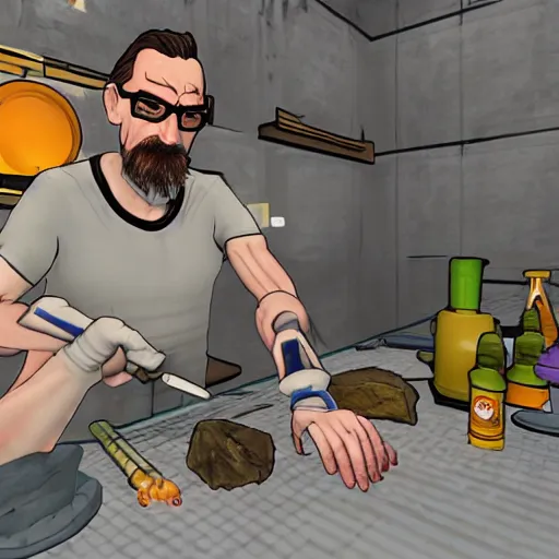 Prompt: gordon freeman synthesizing xen crystals in a meth lab