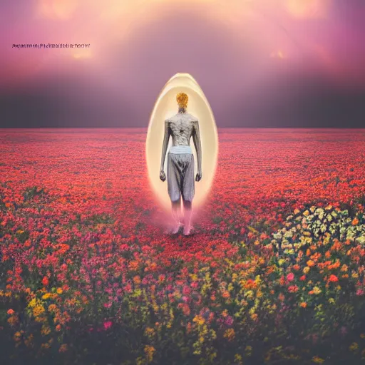 Image similar to A picture of a planet of various flowers, fungus and plants, in which the human figure is dressed in something magical and impressive, inside the picture is infinity, sunset light, Atmospheric phenomenon, artistic photography, muted colors, conceptual