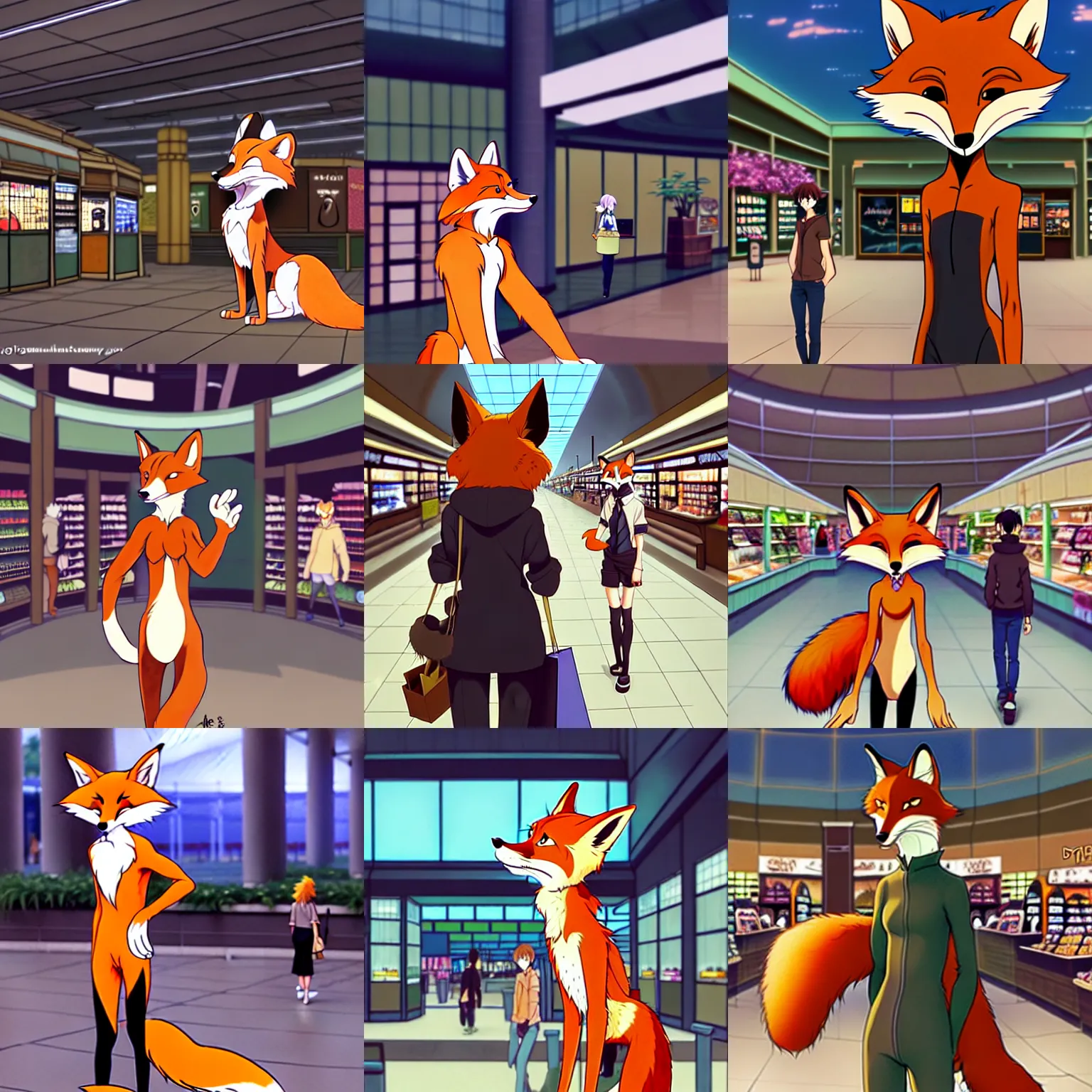 Prompt: an anthropomorphic natural furry ( fox ) shopping at a futuristic mall, photorealistic!!!!, anime!!!!, makoto shinkai, james gurney, don bluth, disney, hibbary, dark natasha, goldenwolf, furaffinity, fursona, commission