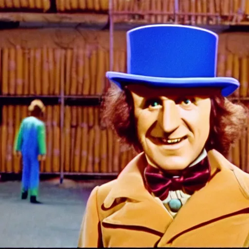 Image similar to security cam footage still of Willy Wonka in his Chocolate Factory