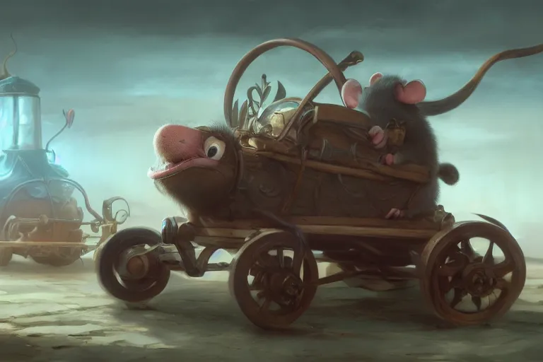 Prompt: close shot of a mouse driving a wagon, fantastical, concept art, highly detailed, artstation, 4 k, octane render, focus, smooth, trending, feng zhu, shaddy safadi, noah bradley, tyler edlin, jordan grimmer, darek zabrocki, neil blevins, tuomas korpi