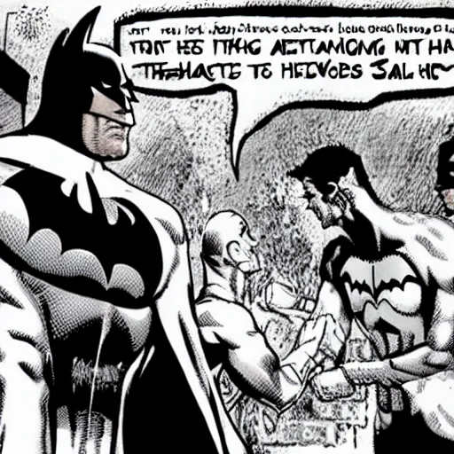 Prompt: batman discussing problems with philosophers, drawn by Junji Ito