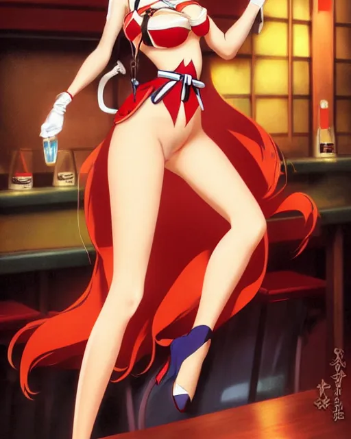 Image similar to pinup photo of asuna from sao in the crowded pub, hot asuna by a - 1 pictures, gil elvgren, james jean, enoch bolles, glossy skin, pearlescent, anime, very coherent, sao style anime, flat