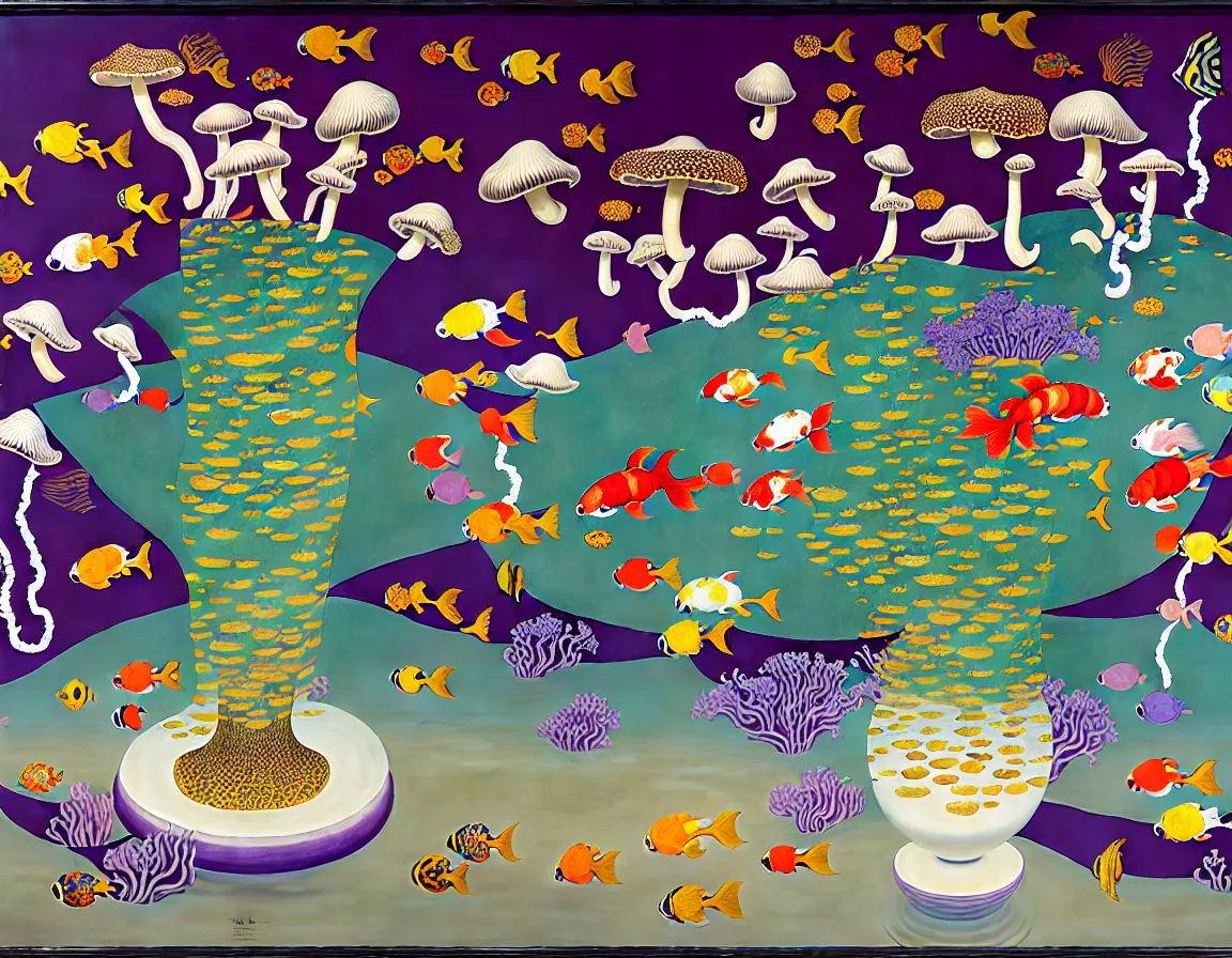 Image similar to vase of mushroom in the sky and under the sea decorated with a dense field of stylized scrolls that have opaque purple outlines, with koi fishes and electrifying eels, ambrosius benson, kerry james marshall, afrofuturism, oil on canvas, history painting, hyperrealism, award winning, light color, no hard shadow, around the edges there are no objects