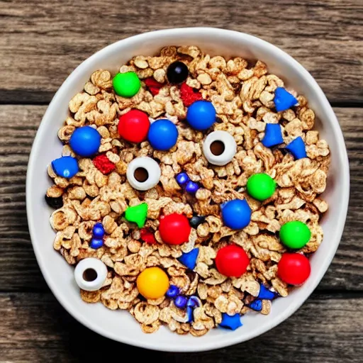 Prompt: A bowl of breakfast cereal toys in milk