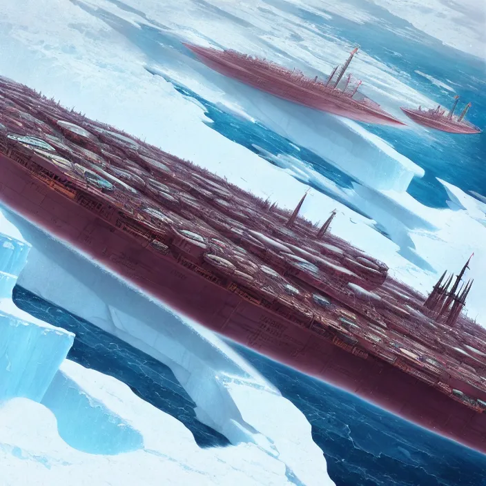 Image similar to one singular solo enormous gigantic steel ship - shaped fortress sailing across an icy frozen ocean. masterpiece, cinematic, hyperdetailed, photorealistic, hyperrealism, octane render, depth of field, bokeh, architecture, aerial view, art by tom bagshaw, geof darrow, james gurney, filip hodas