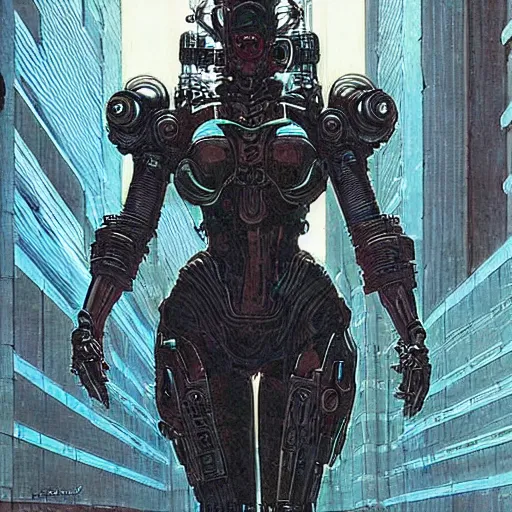 Image similar to a epic female cyberpunk powered armor, super complex and instruct, epic stunning atmosphere, hi - tech synthetic rna bioweapon nanotech demonic monster horror by syd mead, michael whelan, jean leon gerome, junji ito