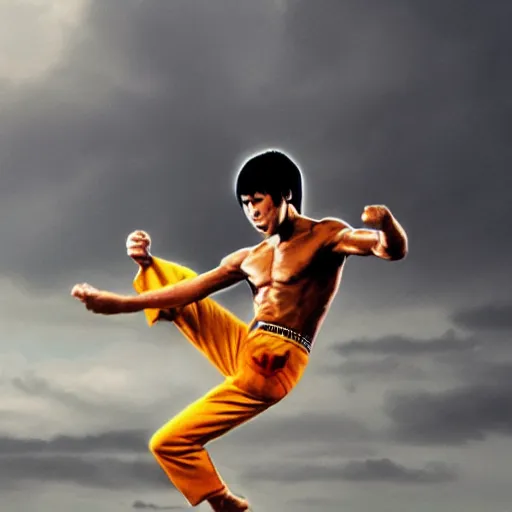 Image similar to Bruce Lee doing a kick in front of a lightning striking in the background,HD, high resolution, hyper realistic, 4k, intricate detail