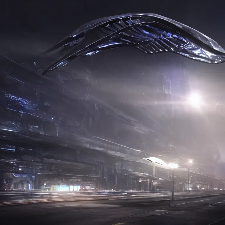 Prompt: sci - fi movie hyper realistic close - up photo, a giant sleek smoothing glowing futuristic spaceship made from the bones and rib cage of a massive fantasy creature and clear iridescent plastic and aluminum foil hovering above a small scenic glowing western town, backlit by spotlight, rainy night, fog and haze, volumetric lighting