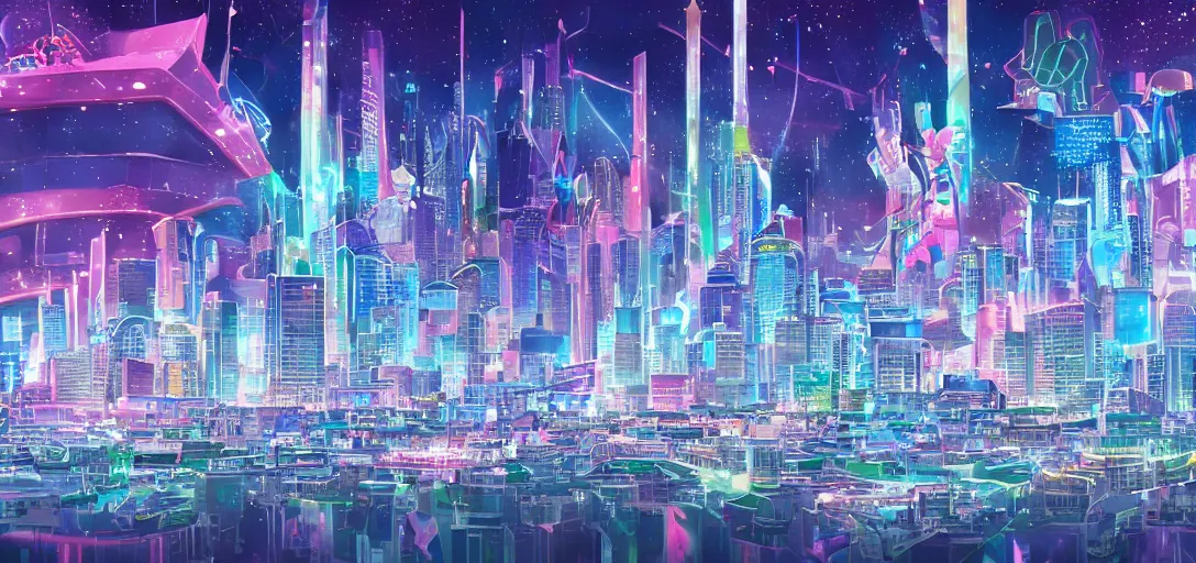 Image similar to The city of Crystal Tokyo from Sailor Moon, circa the year 2994, digital painting