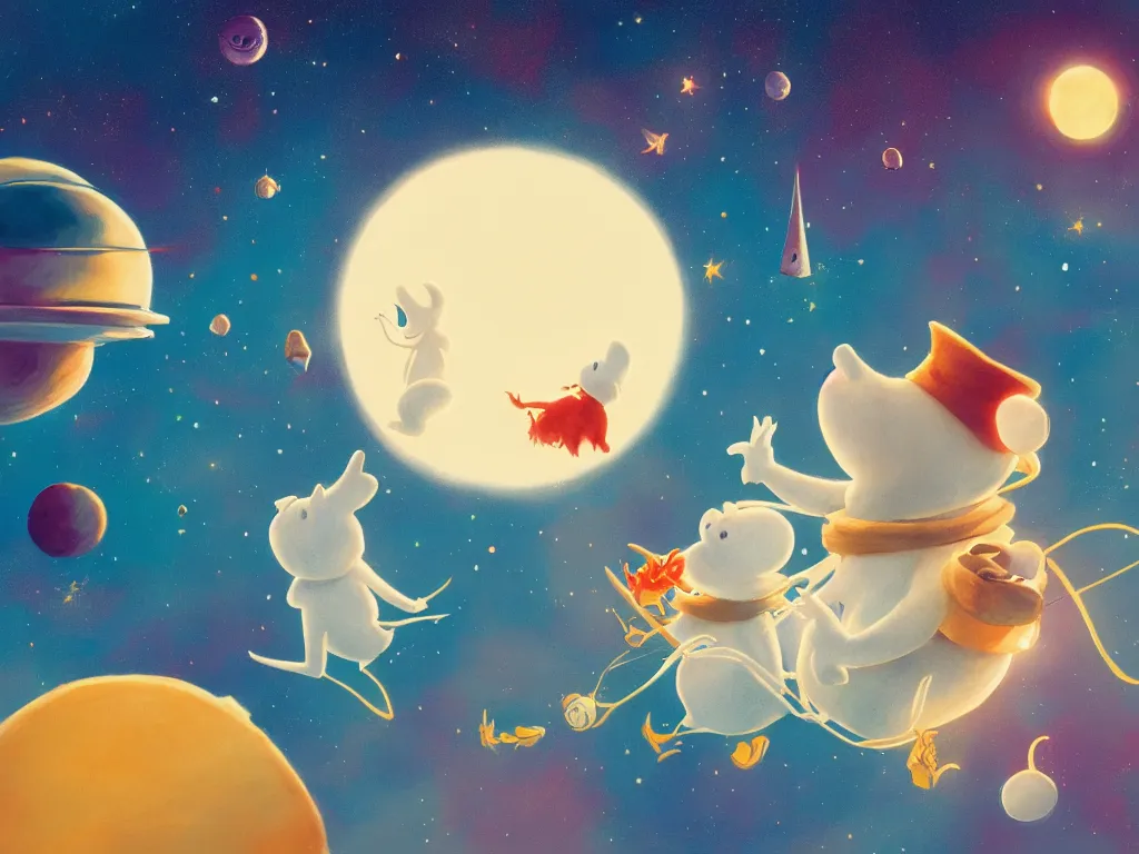 Prompt: the moomins in space, looking cute, illustration, warm colors, fluffy, cozy, hyperrealistic, low light, volumetric light, smooth, trending on artstation