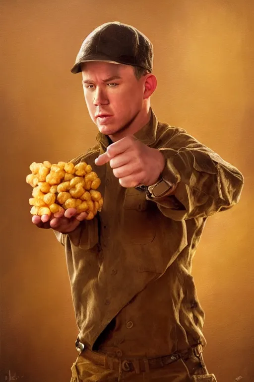 Image similar to channing tatum in a tater tot costume, oil on canvas, intricate, 8 k highly professionally detailed, hdr, cgsociety