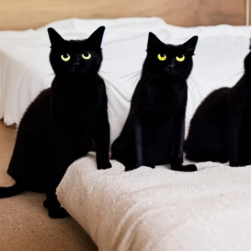 Image similar to photo of a group of black cats with huge buggy googly eyes, sitting on a bed