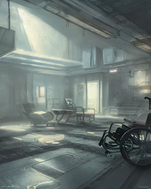 Image similar to artstation scifi scene of a a shabby chinese ward, a bouquet of light on the ground business card, huge floor - to - ceiling fan, wheelchair, crutches, dust, paneled walls, unreal engine 5, hyper realism, realistic shading, cinematic composition, blender render, octane render, hdr, detailed textures, photorealistic, wide shot