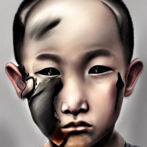 Image similar to dramatic portrait of chinese boy buzz cut, battle damaged, digital painting