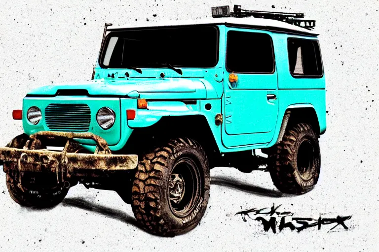 Image similar to digital illustration of a faded cyan mad max's fj 4 0 decrepit!!!! pursuit special, rusty!!! nissan fj cruiser heavily modded 1 9 9 0 s, the last v 8 interceptor by makoto shinkai, ilya kuvshinov, lois van baarle, rossdraws, basquiat