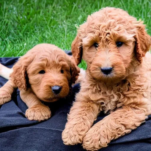 Prompt: Golden labradoodle puppy and larger black labradoodle playing and having fun together